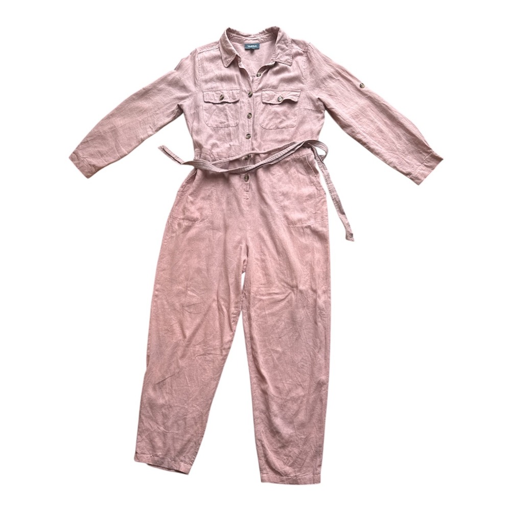 ModCloth Pink Linen Blend Utility Jumpsuit Wide Leg Belted Size L